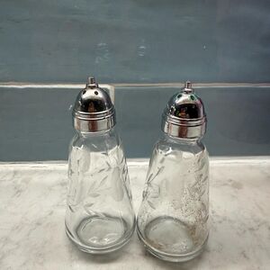 Princess House Crystal Etched Glass Salt and Pepper Shakers with Silver Tops
